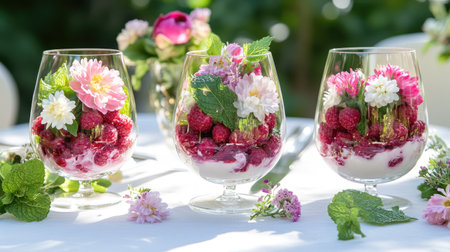 Elegant raspberry and yogurt parfaits in transparent glasses, decorated with edible flowers and mint leaves, set on a sunny outdoor tableの素材