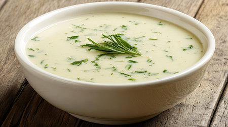 Elegant food photography of a classic bowl of creamy garlic soup, Aigo Bouido, placed on a vintage wooden tableの素材
