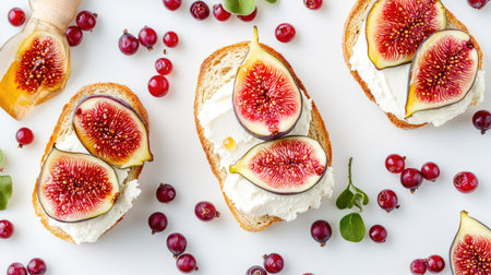 Flat lay of beautifully arranged toasts with cream cheese, sliced figs, currants, and honey on a bright, colorful brunch settingの素材