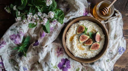Flat-lay arrangement of breakfast essentials semolina porridge, figs, a jar of honey, fresh mint, and a floral linen napkinの素材