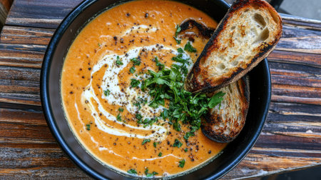 Flat lay of creamy garlic Aigo Bouido soup with a swirl of cream, fresh herbs, and toasted bread on a rustic wooden surfaceの素材