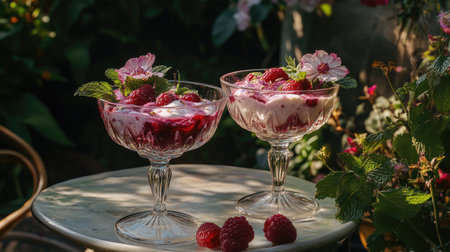 Elegant raspberry and yogurt parfaits in transparent glasses, decorated with edible flowers and mint leaves, set on a sunny outdoor tableの素材