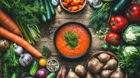 Flat lay of creamy Finnish salmon soup with fresh dill and root vegetables, placed on an old wooden background in a rustic settingの素材