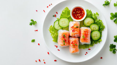 Flat lay of salmon spring rolls with fresh organic ingredients, including cucumber, peppers, and lettuce, placed on a white plateの素材