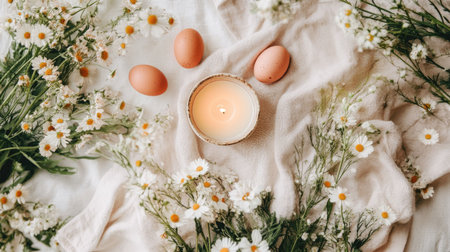 Flat-lay of Easter Pashka dessert surrounded by spring flowers, egg candles, and a linen napkin in a bright and airy settingの素材