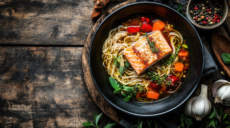Freshly prepared salmon soup with noodles and colorful vegetables, served in a bowl on a rustic wooden table with copy spaceの素材