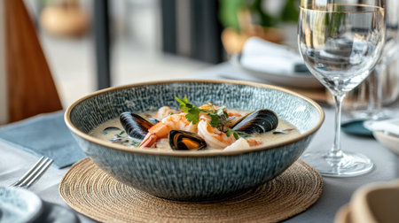 Freshly cooked seafood stew with creamy sauce, served in a ceramic bowl with shrimp, mussels, and calamari, placed on a coastal-themed table settingの素材