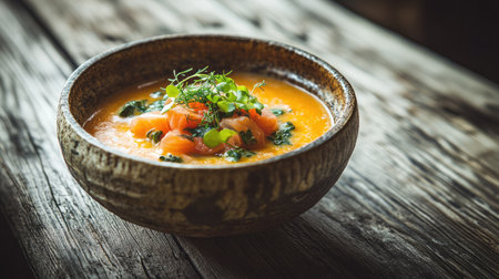 Hearty Finnish creamy salmon soup with root vegetables and herbs, beautifully presented in a handcrafted bowl on a rustic wooden tableの素材