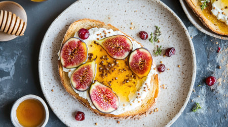 Gourmet toast with a layer of cream cheese, fresh figs, currants, and golden honey, styled for a perfect healthy brunchの素材