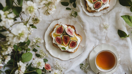 Light and airy brunch scene with toasts topped with cream cheese, fresh figs, tart currants, and honey drizzle, served with herbal teaの素材