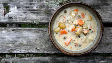 Hearty Finnish wild salmon soup with a creamy broth, potatoes, and carrots, served in a rustic bowl on a weathered wooden tableの素材