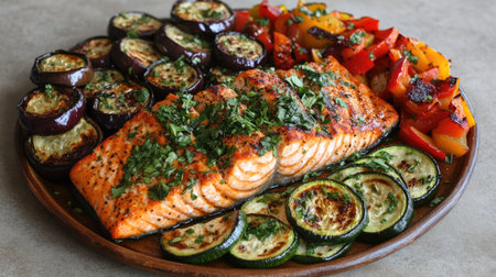 Healthy grilled salmon with a colorful vegetable medley, featuring roasted zucchini, eggplant, bell peppers, and fresh herbs on a rustic plateの素材