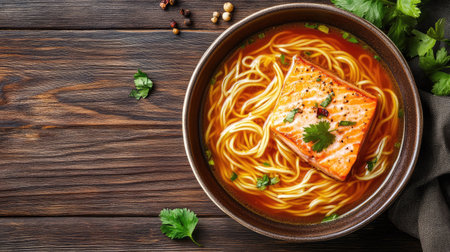 Healthy and delicious salmon soup with noodles and fresh herbs, served in a ceramic bowl on a wooden surface with copy spaceの素材