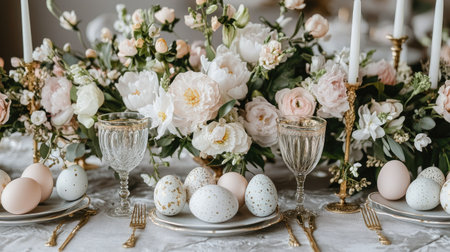 Light and airy Easter table setting featuring floral decor, hand-painted eggs, gold-trimmed glassware, and a floral centerpieceの素材