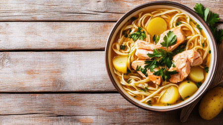 Healthy and hearty salmon soup with noodles, potatoes, and herbs, elegantly arranged on a wooden table with copy space for textの素材