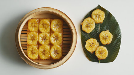 Minimalist close-up of steamed banana cake served in a natural wood plate with pandan leaves, placed on a plain white surfaceの素材