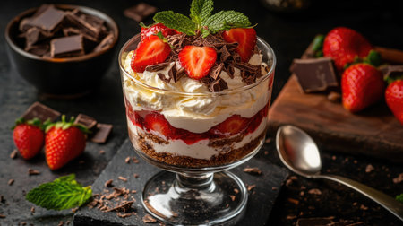 Layers of chocolate sponge, strawberries, and whipped cream in a glass trifle, garnished with fresh mint leaves and chocolate shavingsの素材