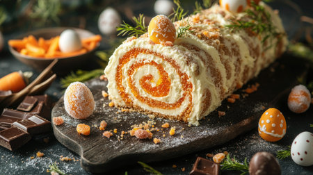 High-end Easter carrot roll cake with swirls of cream cheese frosting, detailed with carrot jelly, chocolate eggs, and sugar accents, rustic aestheticの素材