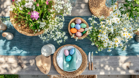 An outdoor Easter table setting with fresh flowers, painted eggs, wicker baskets, and vibrant napkins under soft sunlightの素材