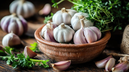 Classic Provenal Aigo Bouido soup in a rustic earthenware bowl, surrounded by garlic cloves and fresh herbsの素材