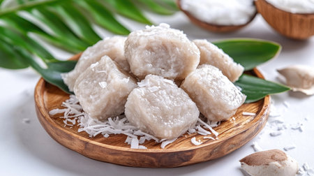 A rustic wooden plate of steamed banana cake, placed neatly with shredded coconut and tropical leaves on a clean white backdropの素材