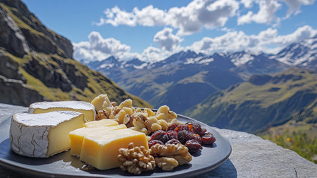 Close-up of a traditional cheese plate from the Alps with hard cheeses, walnuts, and dried fruits, served outdoors with blue skies and mountainsの素材