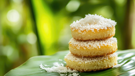 A stack of steamed banana coconut cake topped with shredded coconut, served on a banana leaf with natural lightingの素材