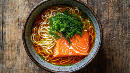 Close-up top-down view of salmon soup with thin noodles, carrots, and fresh dill, served in a ceramic bowl on a rustic wooden surface with copy spaceの素材