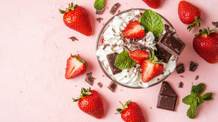 A strawberry chocolate trifle styled with white chocolate shavings, mint leaves, and fresh strawberries on a pastel pink backgroundの素材