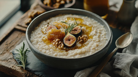 Delicious semolina porridge with figs, honeycomb, and walnuts, served on a slate board with a sprig of rosemary for garnishの素材