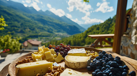 Close-up of a traditional cheese plate from the Alps with hard cheeses, walnuts, and dried fruits, served outdoors with blue skies and mountainsの素材