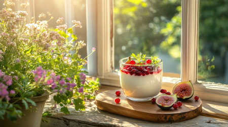 Classic panna cotta served on a wooden board, topped with fresh figs and currants, surrounded by flowers in soft daylight by a windowの素材