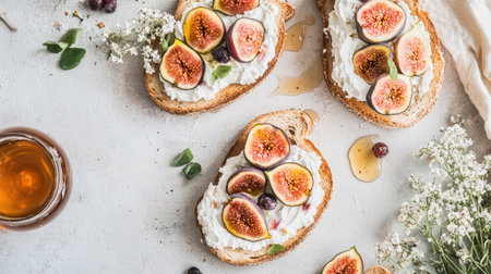 Light and airy brunch scene with toasts topped with cream cheese, fresh figs, tart currants, and honey drizzle, served with herbal teaの素材
