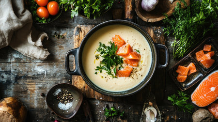 Finnish creamy salmon soup in a vintage metal pot, surrounded by fresh ingredients and served on a weathered wooden tableの素材