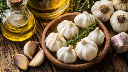 Flat lay of traditional French garlic soup, garnished with thyme and olive oil, with rustic kitchen elements in the backgroundの素材