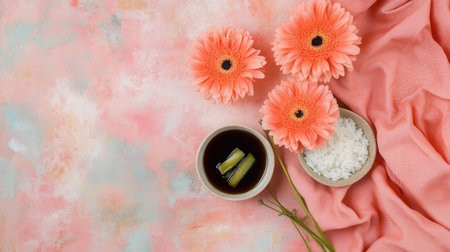 A traditional Japanese breakfast featuring karashi mentaiko, steaming white rice, miso soup, and a small dish of pickled vegetablesの素材