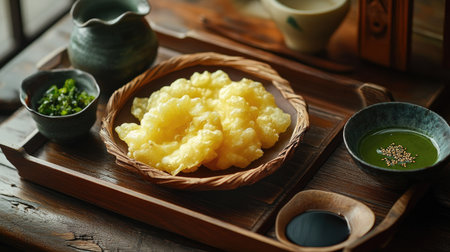 A crispy tempura dish with karashi mentaiko dipping sauce, served on a wooden tray with a side of matcha teaの素材