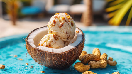 A vibrant outdoor scene with coconut milk ice cream served in a coconut shell, with fresh coconut meat and roasted peanuts on the sideの素材