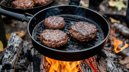 Close-up of a Hamburg steak cooking over an open flame at a campsite, smoky grill marks, and golden-brown seared edgesの素材