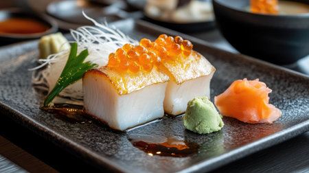 A gourmet appetizer plate with karashi mentaiko, pickled daikon radish, and wasabi, served in an elegant Japanese restaurant settingの素材