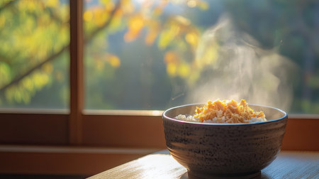 A cozy home setting with karashi mentaiko and freshly cooked rice, served in a traditional Japanese ceramic bowlの素材