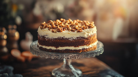 Carrot cake topped with cream cheese frosting and chopped walnuts, placed on a rustic cake stand with soft, moody lightingの素材