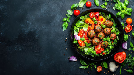 Cast iron skillet with juicy meatballs simmering in a rich tomato basil sauce, surrounded by fresh ingredients, warm kitchen lightingの素材