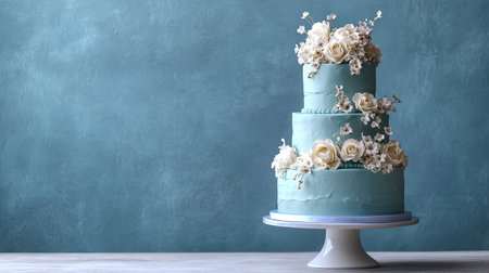Classic blue wedding cake with elegant white buttercream flowers, beautifully displayed with a blank label spaceの素材