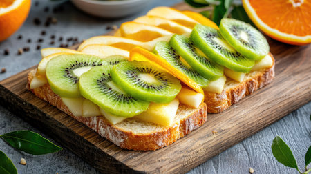 Classic fruit sandwich with thinly sliced apples, kiwi, and orange in soft milk bread, presented on a rustic wooden boardの素材