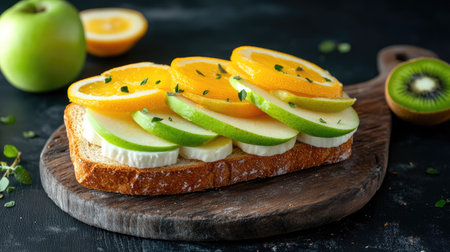 Classic fruit sandwich with thinly sliced apples, kiwi, and orange in soft milk bread, presented on a rustic wooden boardの素材