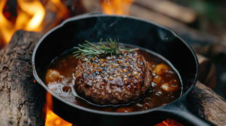Cast-iron skillet Hamburg steak with thick demi-glace sauce, resting on a wooden log near a campfire, rustic outdoor settingの素材