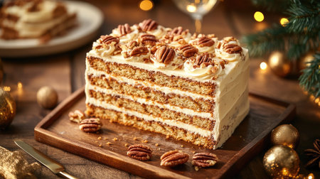 Carrot cake with a crunchy pecan topping, golden brown layers, and soft creamy frosting, served on a wooden tray with warm lightingの素材