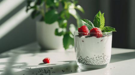 Minimalist presentation of yogurt and raspberry parfaits in glass cups, topped with chia seeds and mint leaves on a clean summer tableの素材