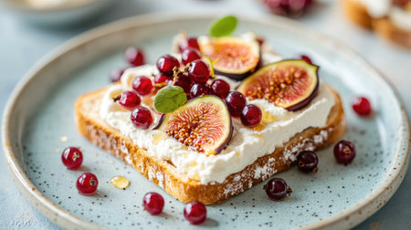 Minimalist food styling of toast with a layer of cream cheese, fresh figs, currants, and a delicate drizzle of honey on a pastel plateの素材